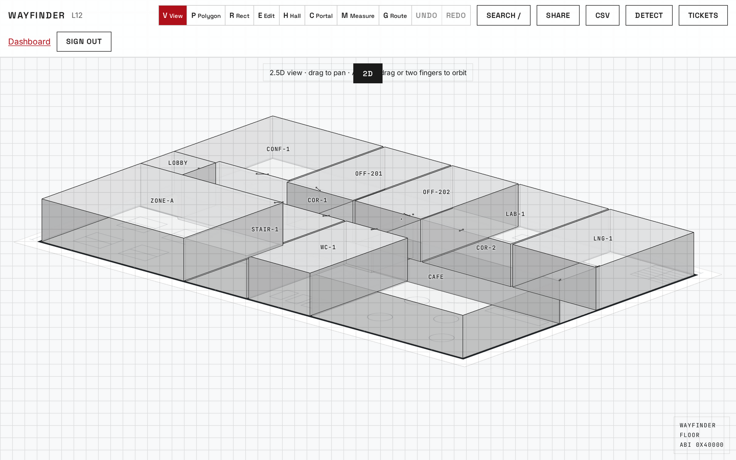 Wayfinder 2.5D extruded space polygons for a labeled floor twin